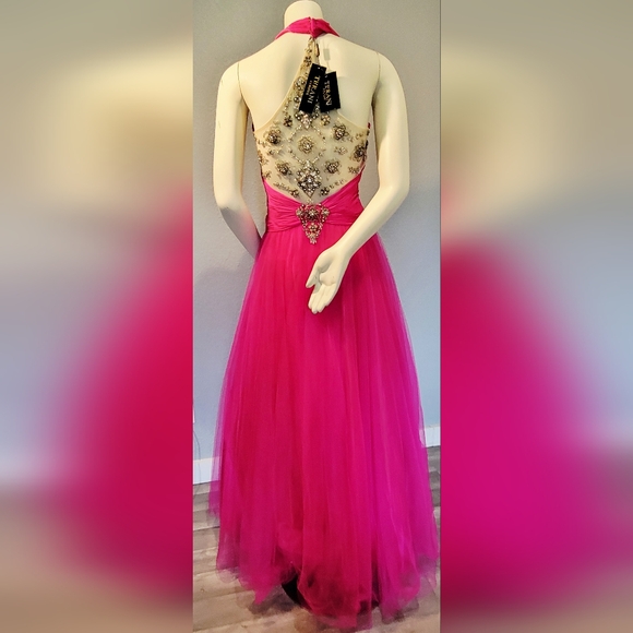 Terani Couture Fushia Halter Gown Dress S10 With Nude Push Up And Garment Bag - Picture 8 of 16